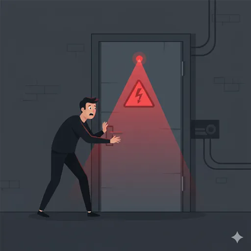 特定の行動（ドア）を開けようとした人物が、開けた先にある強大な力（圧力）の警告を見て、その行動を思いとどまり手を引く様子を表すイラスト
