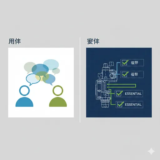 「用件」を、その場で話し合い伝達される吹き出しやメッセージとして、「要件」を、プロジェクトの成功のために厳密に満たさなければならない歯車やチェックリストとして対比させたイラスト