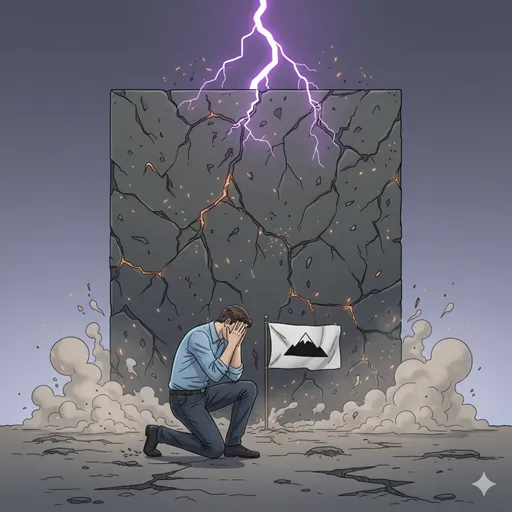 目的地の標識に向かって走っていた人物が、突然現れた巨大な雷や落石などの外部からの予期せぬ衝撃によって道を塞がれ、膝から崩れ落ちて立ち止まっている様子