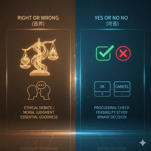 「是非」と「可否」を、価値（VALUE）と基準（CRITERIA）という軸で比較した英語のインフォグラフィック。