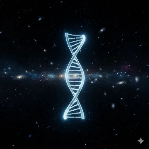 宇宙の星々を背景に、生命の設計図であるDNAの二重螺旋が美しく光り輝いている様子。