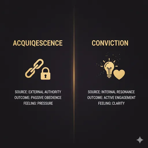 承服(ACQUIESCENCE / FORMAL)と納得(CONVICTION / INTERNAL)を、源泉(SOURCE)と結果(OUTCOME)の軸で比較した英語のインフォグラフィック。