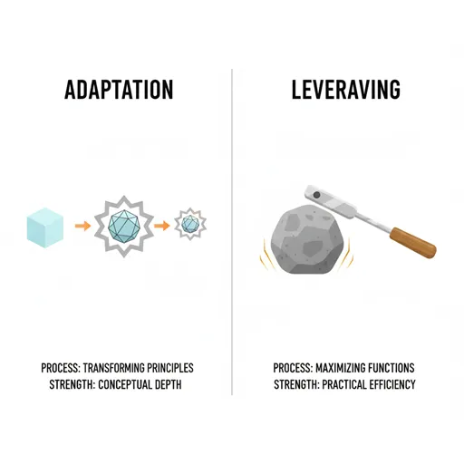 応用（ADAPTATION / PRINCIPLE）と活用（LEVERAGING / RESOURCE）を、プロセス（PROCESS）と強み（STRENGTH）で比較した英語のインフォグラフィック。