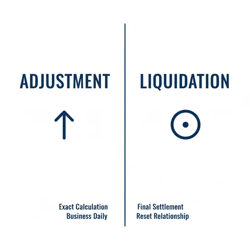 精算（ADJUSTMENT）と清算（LIQUIDATION）を、継続（CONTINUE）と終了（FINISH）の観点で比較した英語のインフォグラフィック。
