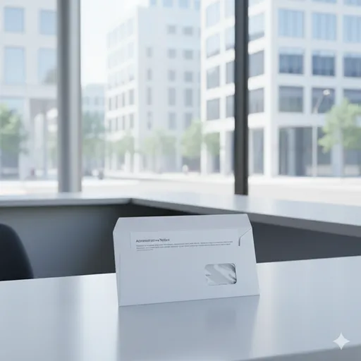 整理されたオフィスと、手続きを促す通知書、そして路上喫煙禁止などの標識のイメージ。