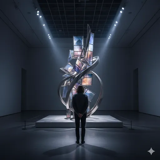 美術館で、圧倒的なスケールの傑作を前にして、思わず立ち尽くし、深く頷きながら感銘を受けている観客の姿。