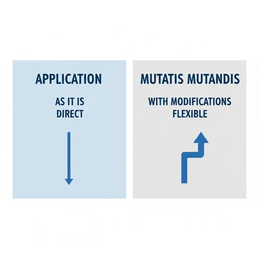適用（APPLICATION）と準用（MUTATIS MUTANDIS）を、方法（HOW）と対象（OBJECT）の軸で比較した英語のインフォグラフィック。