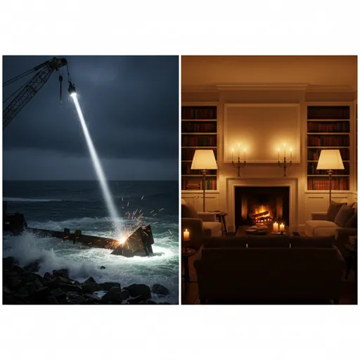 暗闇を鋭く照らすサーチライトの強い光（注意）と、部屋全体を優しく包み込むキャンドルの柔らかな明かり（留意）を対比させたビジュアル。