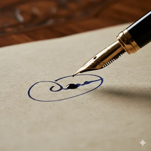 厚手の高級な紙に、万年筆で自分の名前を丁寧に書き進めている手元のクローズアップ。