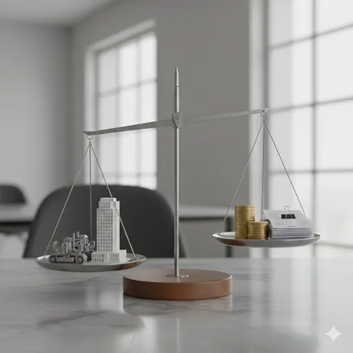 天秤の片方に企業のビルや設備(資産)が載り、もう片方にコインの山と伝票(負債)が載ってバランスをとっているイメージ。