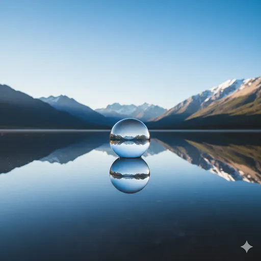 霧が晴れた静かな湖畔で、波ひとつない水面に周囲の景色が完璧に左右対称に映り込んでいる様子。