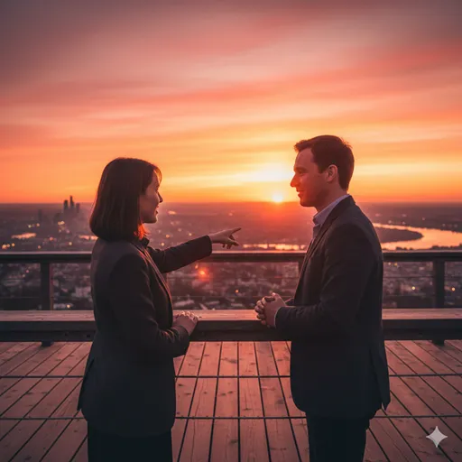 穏やかな夕暮れ時、二人の人物が並んで歩きながら、一人が地図を指し示し、もう一人がそれに応えるように頷いている、信頼に満ちた光景。