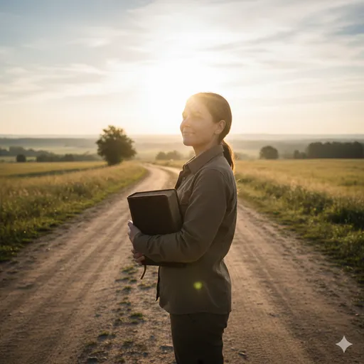 過去の知恵（本や地図）を携えながら、澄んだ心で未来への一歩を踏み出すビジネスパーソン。