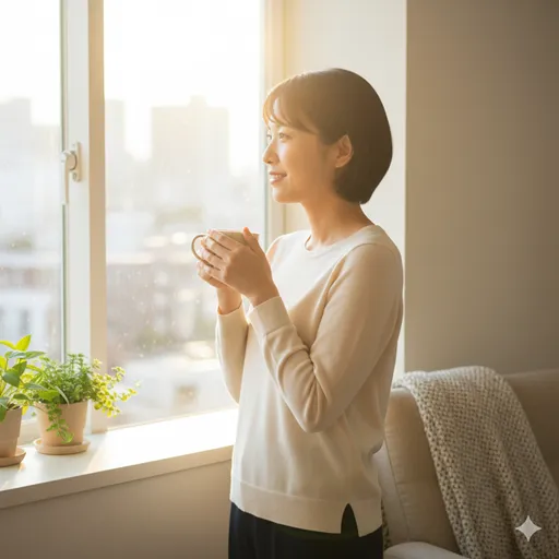 朝の光を浴びながら、鏡に向かって微笑むのではなく、自分自身を受け入れて歩き出す準備をする人物。