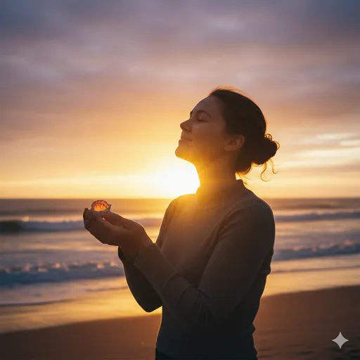 夕暮れの海辺で、小さな宝物（満足）を手に持ちながら、壮大な夕日の光（充足）に包まれて歩く人の後ろ姿。