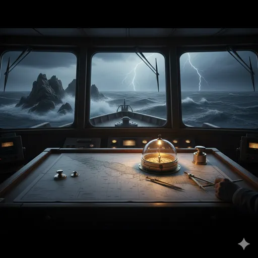 船の操縦席から、目の前の障害物を警戒しつつ（注意）、遠くの水平線とコンパスを確認しながら（留意）航海を続ける船長の視点。