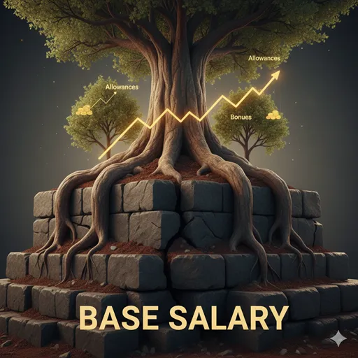 建物の基礎（土台）のように、すべての報酬の根幹となる「基本給」を象徴するビジュアル。