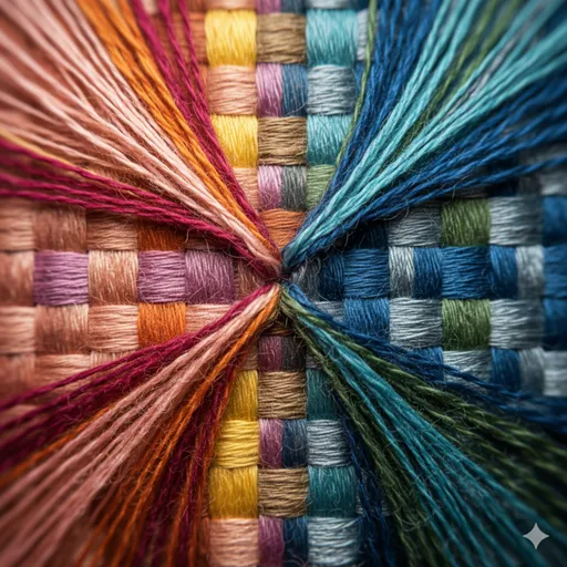 二つの異なる色の糸が織りなす美しい織物、またはパズルが合わさる様子。