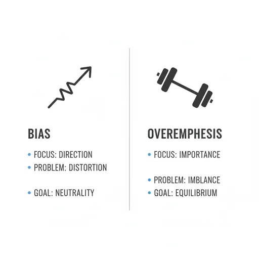 偏向（BIAS / DIRECTION）と偏重（OVEREMPHASIS / WEIGHT）を、焦点（FOCUS）と問題点（PROBLEM）の軸で比較した英語のインフォグラフィック。
