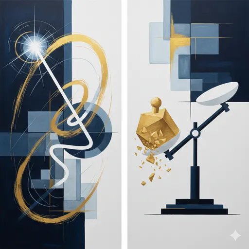 中心から逸れた光の道筋（偏向）と、片方に大きく傾いた天秤（偏重）を抽象的に表現したグラフィック。