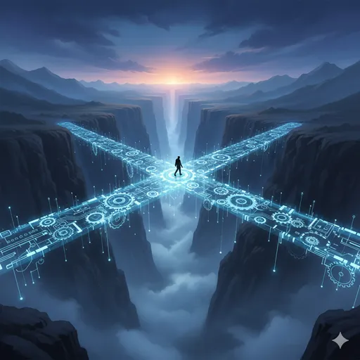 霧のかかった深い川に架けられた美しい橋を、一歩ずつ力強く踏み出して渡っていく人物。