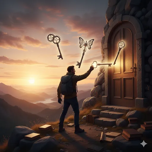 三つの異なる道が交差する場所で、最もふさわしい選択肢を手に取り、前向きに歩み出す人物のイメージ。