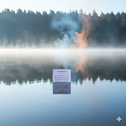霧が晴れた後の静かな水面に映る、一通の完璧な契約書。