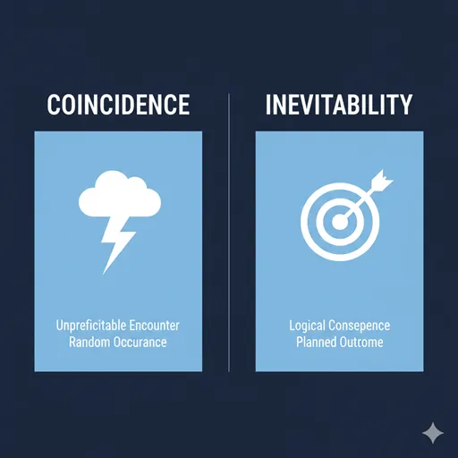 偶然(COINCIDENCE)と必然(INEVITABILITY)を、原因(CAUSE)と結果(RESULT)の観点で比較した英語のインフォグラフィック。