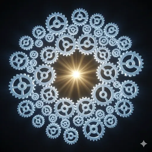 複雑な歯車が噛み合ってスムーズに回転し、そのエネルギーが美しい光となって未来を照らしているメタファー。