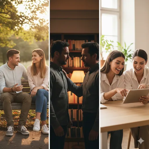 穏やかに寄り添う二人、真剣な表情で向き合う二人、そして図面を指し示す二人をシンボリックに表現したメインビジュアル。