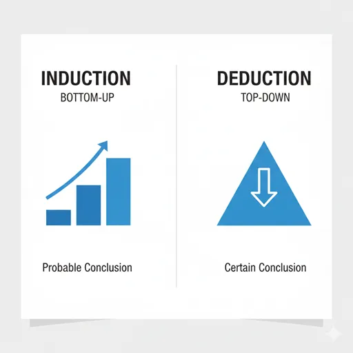 帰納法（INDUCTION）と演繹法（DEDUCTION）を、ボトムアップ（BOTTOM-UP）とトップダウン（TOP-DOWN）の観点で比較した英語のインフォグラフィック。