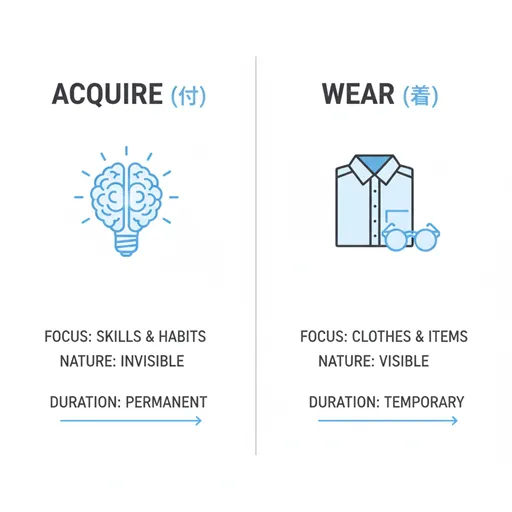 身に付ける（ACQUIRE / INTERNAL）と身に着ける（WEAR / EXTERNAL）を、性質（NATURE）と持続性（CONTINUITY）で比較した英語のインフォグラフィック。