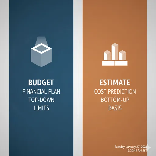 BUDGET (Financial Plan / Top-down / Limits) と ESTIMATE (Cost Prediction / Bottom-up / Basis) を比較した英語のインフォグラフィック。