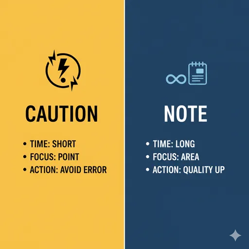 注意（CAUTION / SHARP）と留意（NOTE / BROAD）を、時間（TIME）と強度（INTENSITY）の軸で比較した英語のインフォグラフィック。