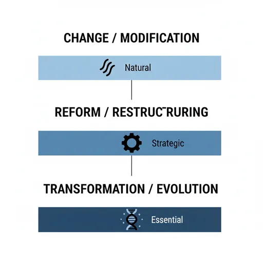 変化(CHANGE)、変革(REFORM)、変容(TRANSFORMATION)を、現象・戦略・進化の観点で比較した英語のインフォグラフィック。