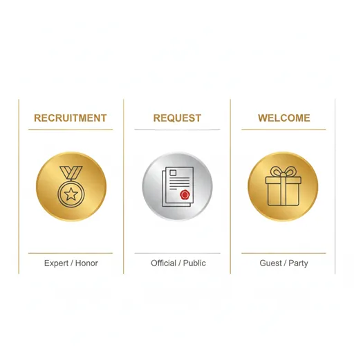 招聘(RECRUITMENT)、招請(REQUEST)、招待(WELCOME)を、敬意(RESPECT)と目的(PURPOSE)の観点で比較した英語のインフォグラフィック。