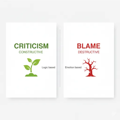 批判（CRITICISM）と非難（BLAME）を、建設的か破壊的かの観点で比較した英語のインフォグラフィック。