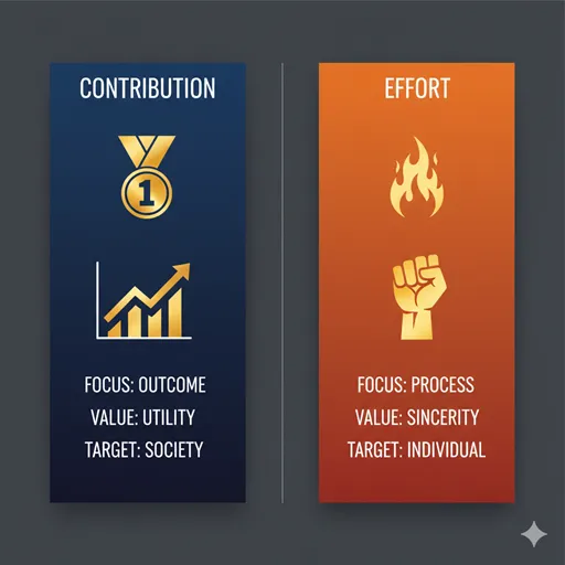 貢献（CONTRIBUTION / RESULT）と尽力（EFFORT / PROCESS）を、焦点（FOCUS）と価値（VALUE）の軸で比較した英語のインフォグラフィック。