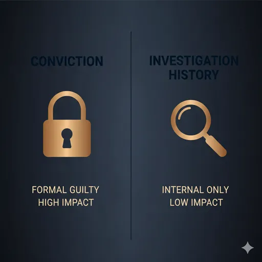 CONVICTION (Legal Penalty) と ARREST RECORD (History) を、影響（Impact）と開示範囲（Disclosure）で比較した英語のインフォグラフィック。