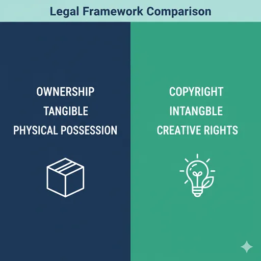 OWNERSHIP (Physical Object) と COPYRIGHT (Creative Expression) を、対象(Target)と権利(Rights)で比較した英語のインフォグラフィック。