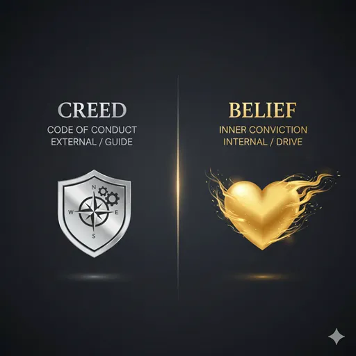 CREED (Code of Conduct / External / Guide) と BELIEF (Inner Conviction / Internal / Drive) を比較した英語のインフォグラフィック。