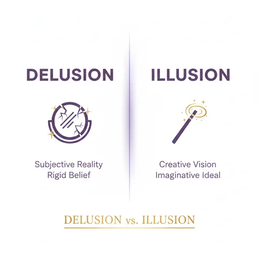妄想(DELUSION)と幻想(ILLUSION)を、確信(CONVICTION)とイメージ(IMAGERY)で比較した英語のインフォグラフィック。