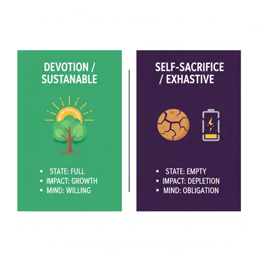 献身（DEVOTION / SUSTAINABLE）と自己犠牲（SELF-SACRIFICE / EXHAUSTIVE）を、心の状態（STATE）と結果（IMPACT）で比較した英語のインフォグラフィック。
