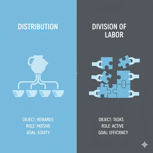 分配（DISTRIBUTION / REWARD）と分担（DIVISION / RESPONSIBILITY）を、方向（DIRECTION）と対象（OBJECT）の軸で比較した英語のインフォグラフィック。