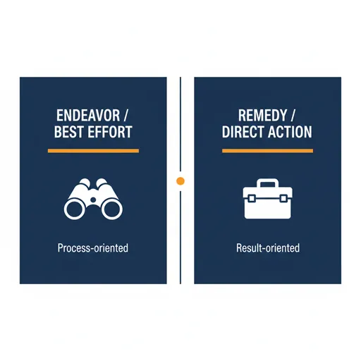 善処（ENDEAVOR）と対処（REMEDY）を、目標・責任・スピードの観点で比較した英語のインフォグラフィック。
