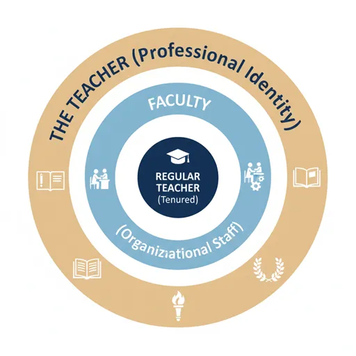 FACULTY (All Staff), REGULAR TEACHER (Licensed/Full-time), THE TEACHER (Social/General) の3つの区分を役割と定義で比較した英語のインフォグラフィック。