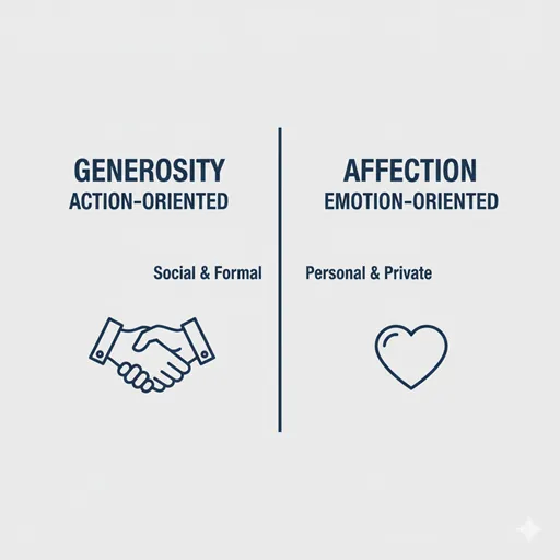 厚意(GENEROSITY)と好意(AFFECTION)を、主体・性質・シーンの観点で比較した英語のインフォグラフィック。