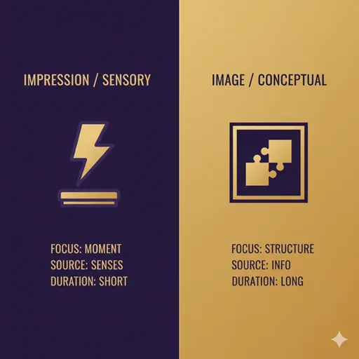 印象(IMPRESSION / REACTION)とイメージ(IMAGE / CONSTRUCTION)を、持続性(DURATION)と形成(FORMATION)の軸で比較した英語のインフォグラフィック。