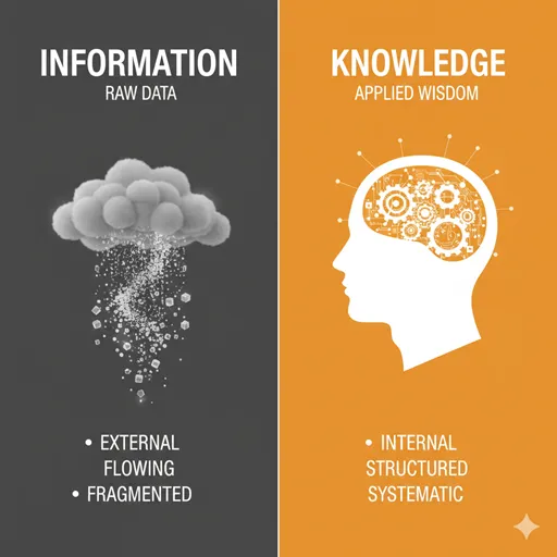 情報（INFORMATION / RAW）と知識（KNOWLEDGE / APPLIED）を、所在（LOCATION）と変換（PROCESS）の軸で比較した英語のインフォグラフィック。