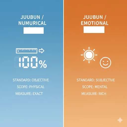 十分（JUUBUN / QUANTITY）と充分（JUUBUN / QUALITY）を、計測（MEASURE）と実感（FEELING）の軸で比較した英語のインフォグラフィック。